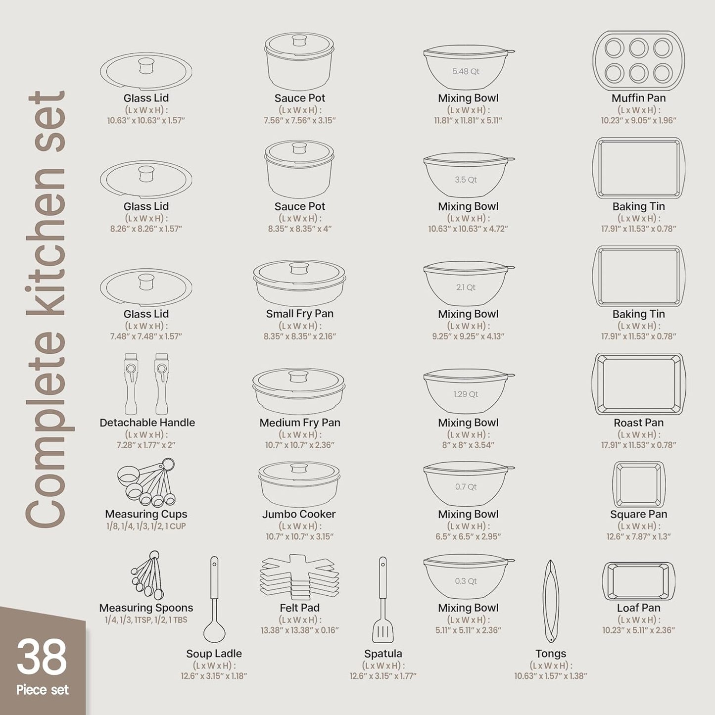 Bakken Master 38 Piece Granite Cookware and Bakeware Set – Nonstick Granite Coating, Pots and Pans with Detachable Handles and Tempered Glass Lids, 6-piece Bakeware set, 12-piece Mixing Bowls,Brown