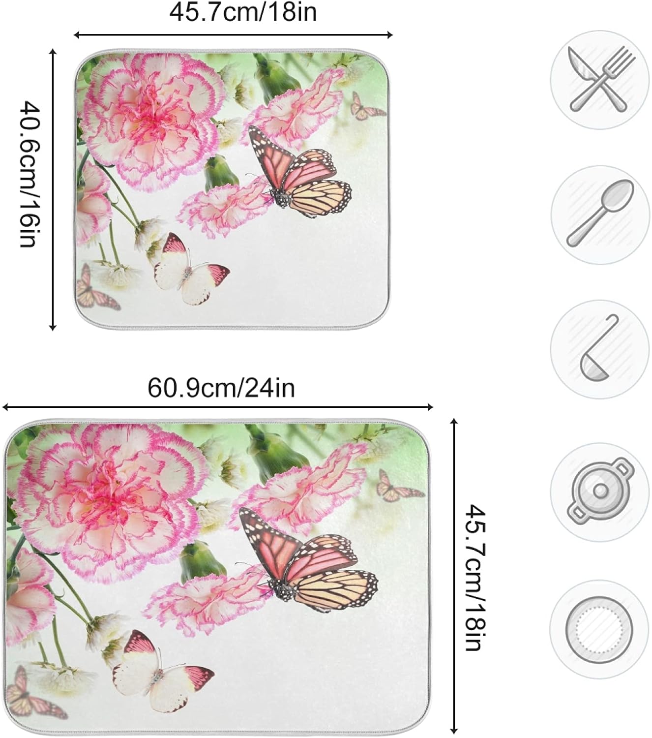 Dish Drying Mat for Kitchen Counter 16 x 18 Inch Pink Roses Butterfly Super Absorbent Microfiber Dish Drainer Rack Mats Soft Heat Resistant Drying Protector Pad