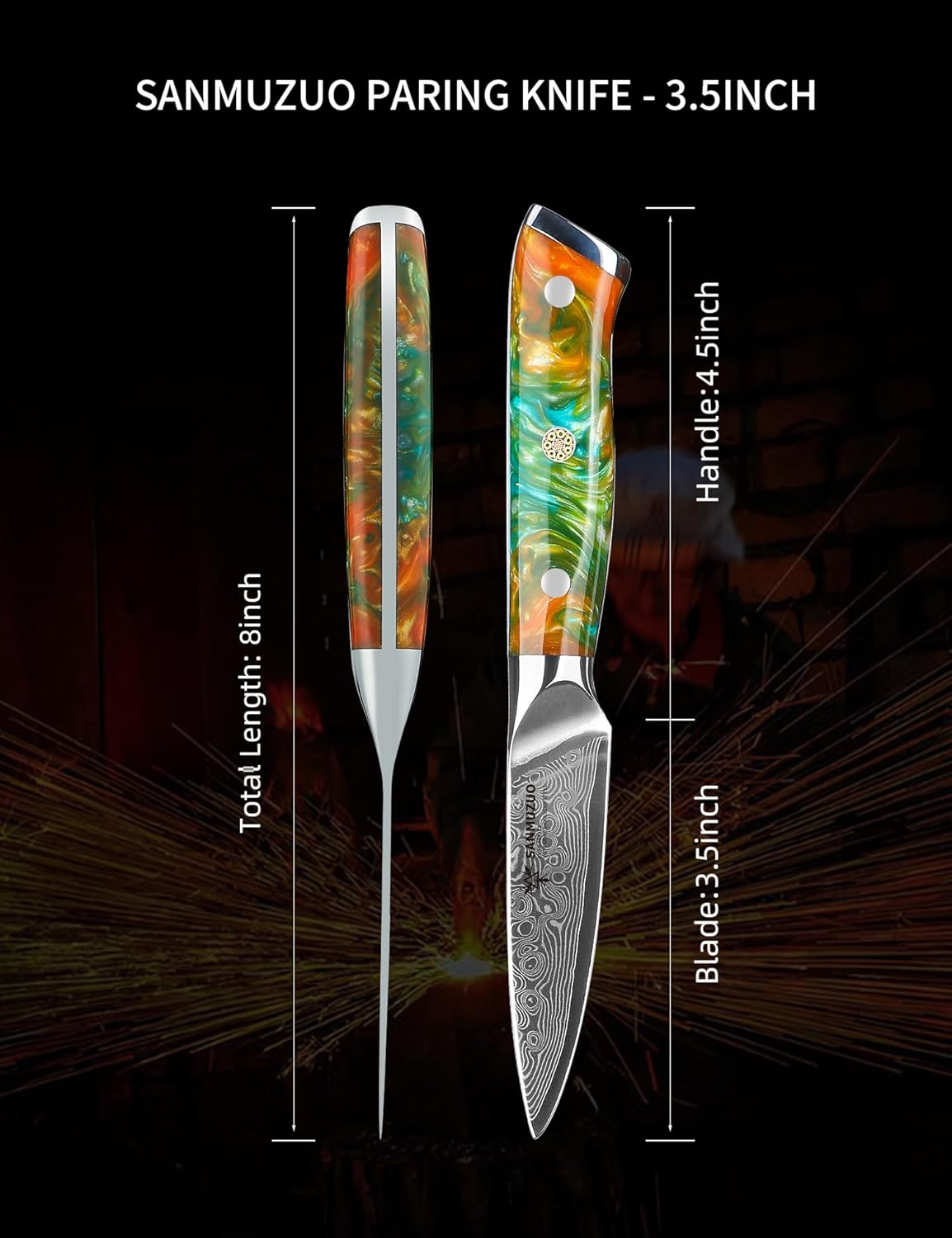 3.5 Inch Paring Knife - Kitchen Fruit Vegetable Knife Damascus Steel & Resin Handle - Xuan Series (Fantasy Orange)
