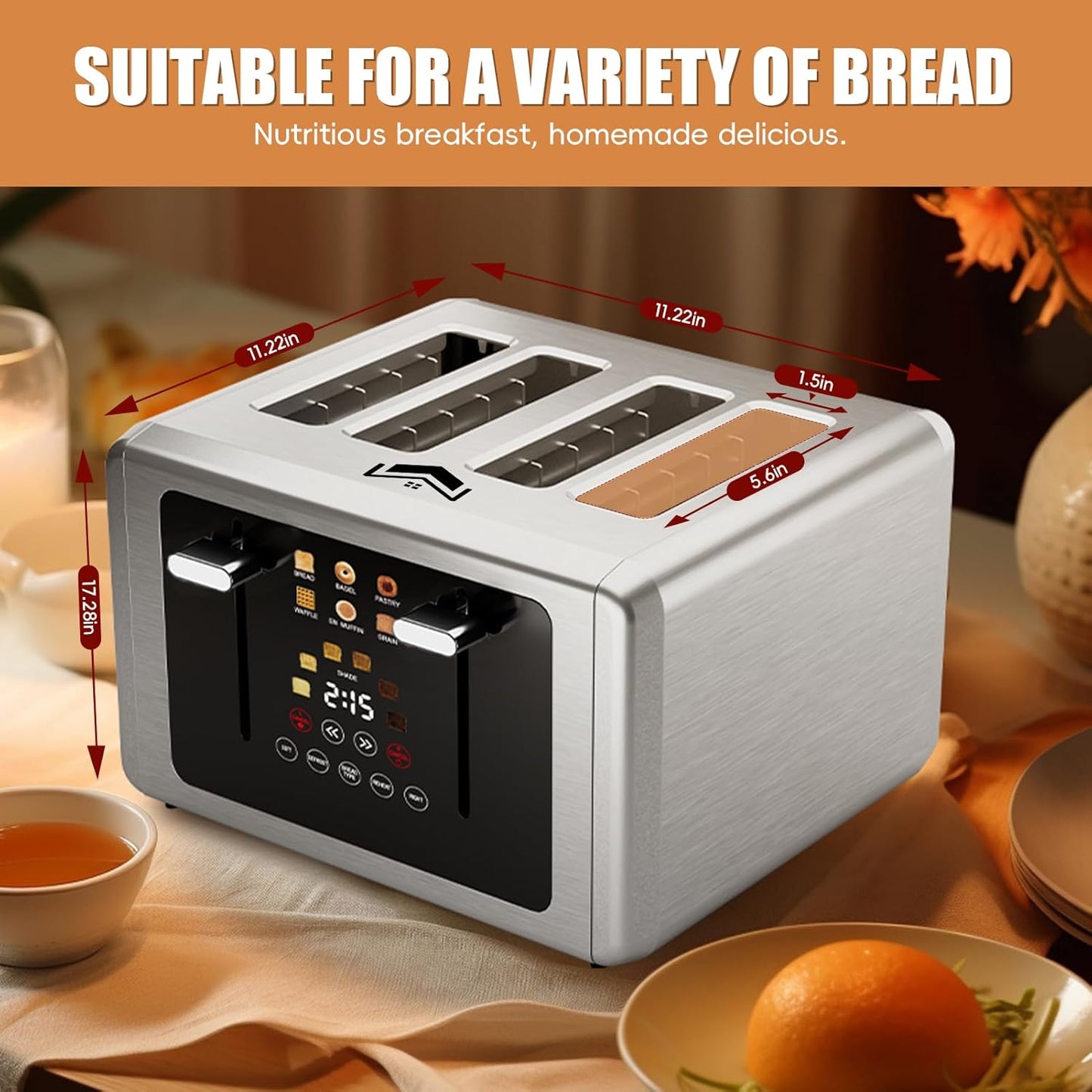 Touch screen Toaster 4 slice,Stainless Steel Digital Timer Toasters with Sound/Screen-Off Function,6 Bread Types & Shade Settings,Smart Extra Wide Slots Toaster with Bagel,Defrost,Silver