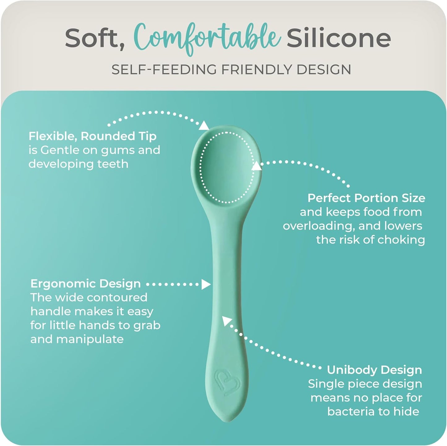 Mason Bottle Silicone Baby Spoons (2-Pack) – BPA-Free Feeding Utensils for Babies 6–12 Months – Puree Spoons with Case, Non-Toxic, Dishwasher Safe (Teal & Grey)