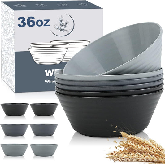 Wrova Wheat Straw Bowl Sets,6 PCS Unbreakable Cereal Bowl 36 OZ,Microwave and Dishwasher Safe Bowls,Salad Bowls for Camping,Rv,Apartment,Dorm,Party (Black Grey)