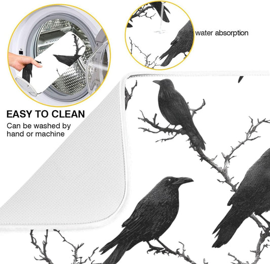 Crows Birds Perched on Branches Dish Drying Mat for Kitchen Counter Super Absorbent Dishes Pad Reversible Microfiber Protector Dish Draining Mats 16x18 inch