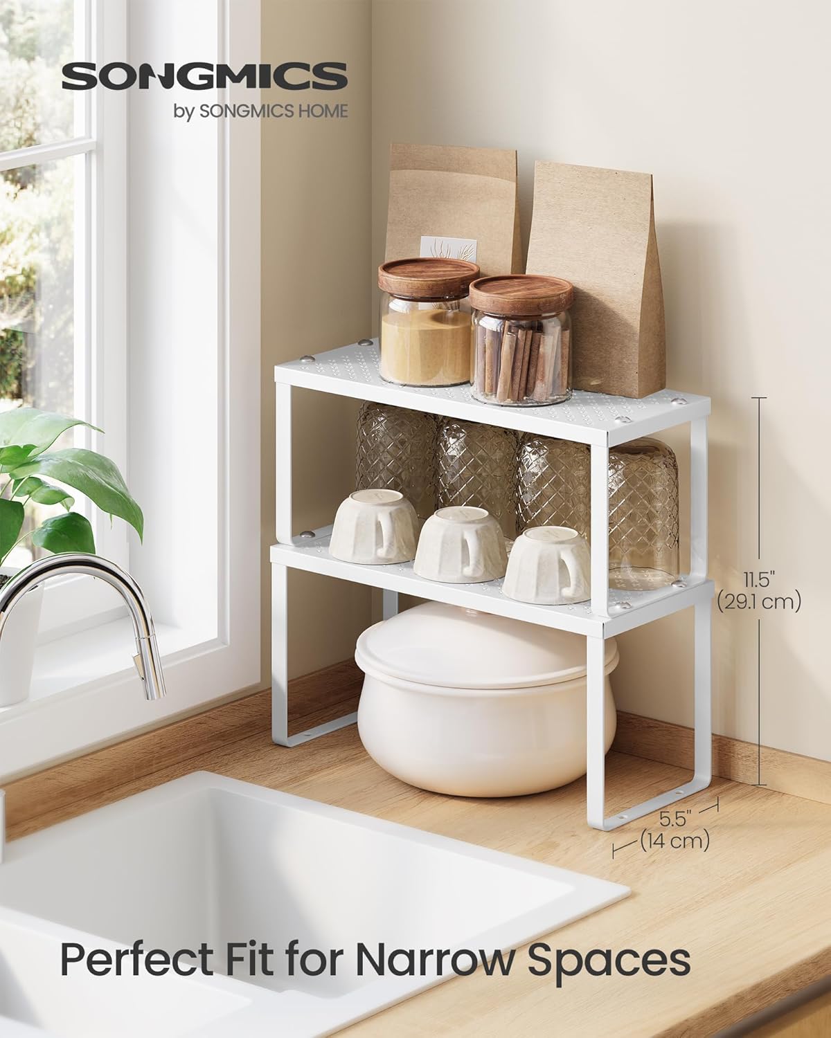 SONGMICS Spice Racks, Set of 2 Metal Cabinet Shelf Organizers, Countertop Organizers, Shelf Risers, Stackable, Expandable, White UKCS003W01