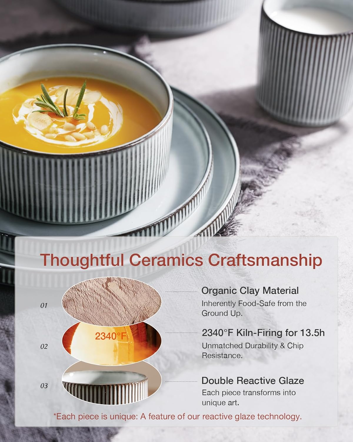 Famiware Star Dinnerware Set with Pasta Bowls, Service for 4 (16pcs), Ribbed Stoneware Plates and Bowls Dishes Sets - Chip & Scratch Resistant, Microwave & Dishwasher Safe, Smoky Blue