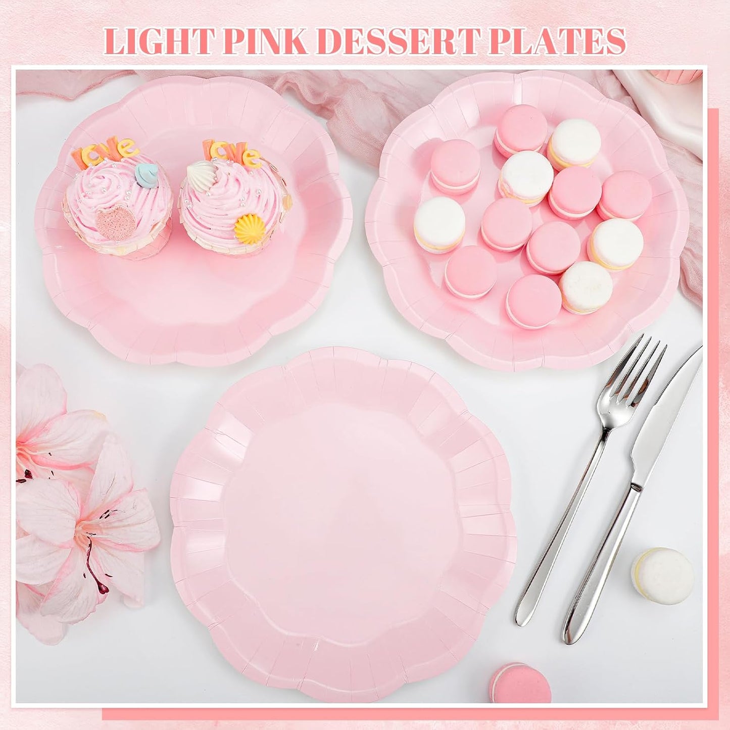 30pcs Light Pink Paper Plates, 7inch Scalloped Pink Dessert Cake Plates Disposable Pinks Birthday Supplies Small Party Plate for Weeding, Birthday, Baby Shower