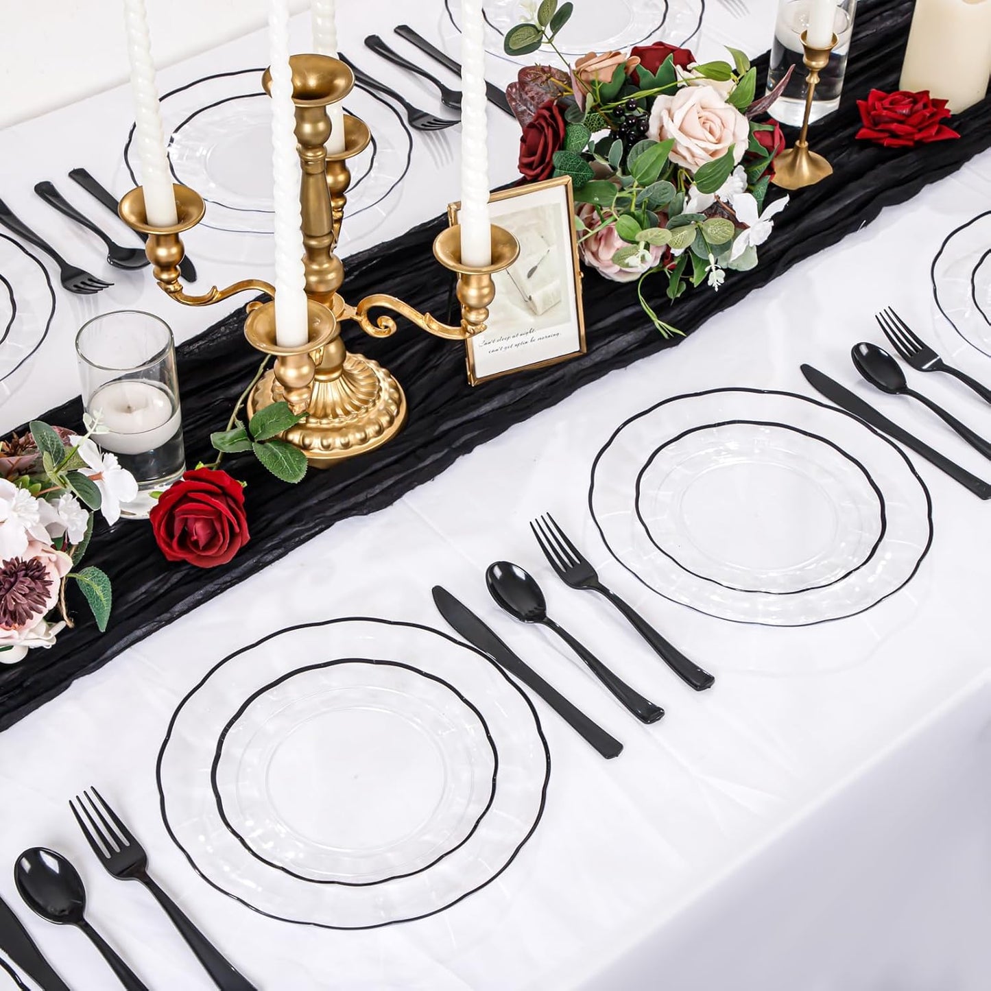 EI 150pcs Clear and Black Plastic Plates Dinnerware Disposable Party Set for 30Guests,Dinnerware Include 60 Clear Plates Disposable 90 Black Silverware,Perfect for Party&Halloween&Wedding