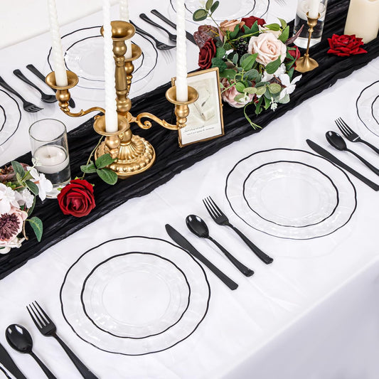 EI 150pcs Clear and Black Plastic Plates Dinnerware Disposable Party Set for 30Guests,Dinnerware Include 60 Clear Plates Disposable 90 Black Silverware,Perfect for Party&Halloween&Wedding