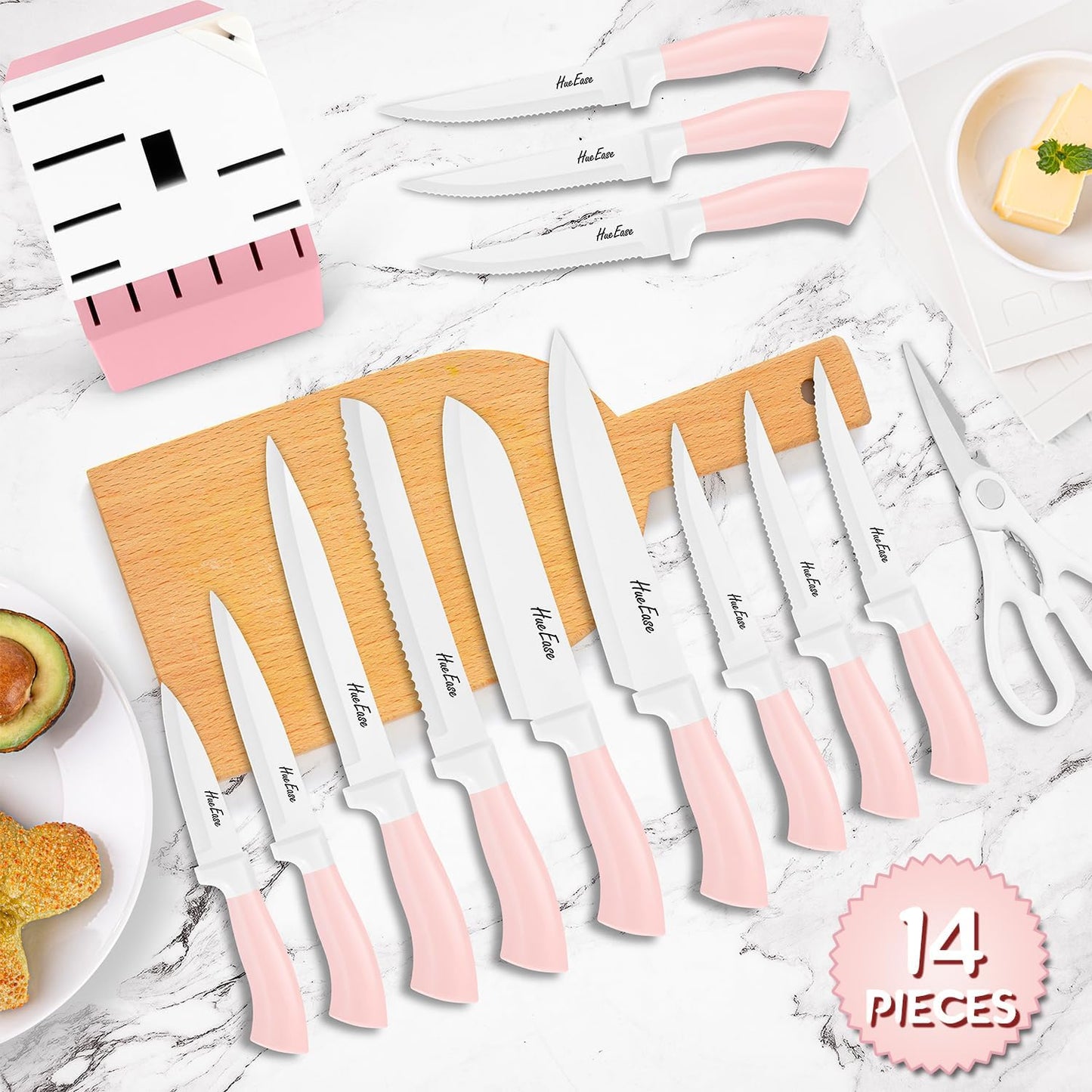 14 Pieces Knife Set with Block, Ceramic White Coating, High Carbon Stainless Steel Sharp Blade Block Knife Set, Dishwasher Safe Cutlery, Colliding Pink