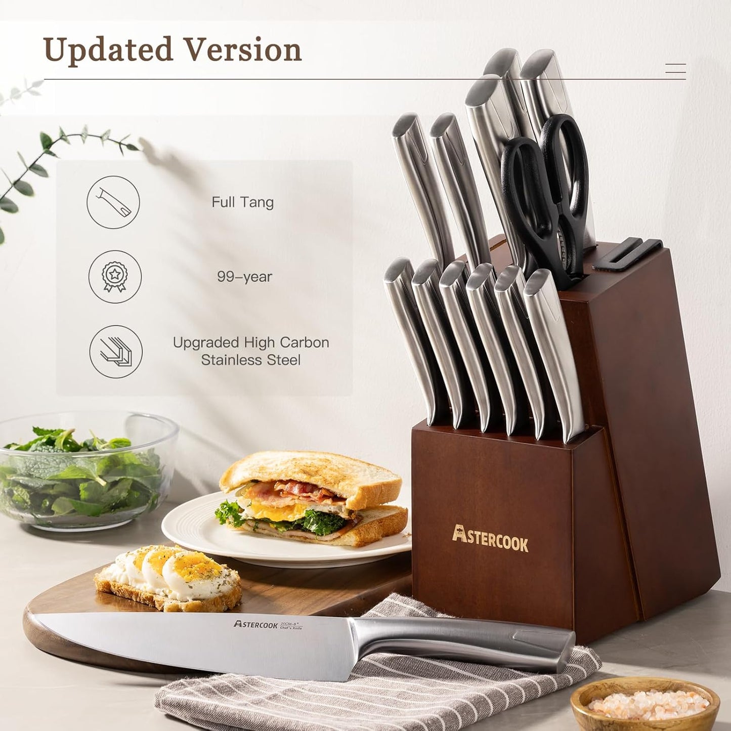 Astercook Knife Set, Kitchen Knives Set with Block and Sharpener Full Tang 15 Pcs Premium Stainless Steel Knives Ultra Sharp Blade Dishwasher Safe Knife Set with Anti-slip Ergonomic Handle, Walnut