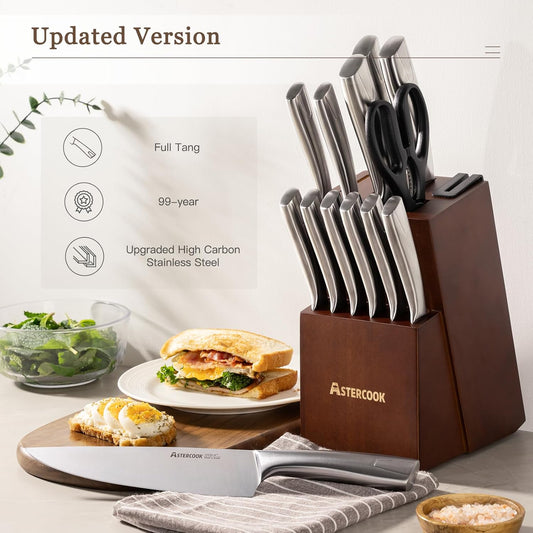 Astercook Knife Set, Kitchen Knives Set with Block and Sharpener Full Tang 15 Pcs Premium Stainless Steel Knives Ultra Sharp Blade Dishwasher Safe Knife Set with Anti-slip Ergonomic Handle, Walnut