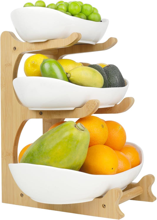 Seven Sparta 3 Tier Fruit Bowl for Kitchen Counter (PLUS Series) / Ceramic Serving Bowls with Bamboo Stand/Big Size Tiered Fruit Basket for Fruit Vegetable Storage, Dessert, Salad Buffet Server