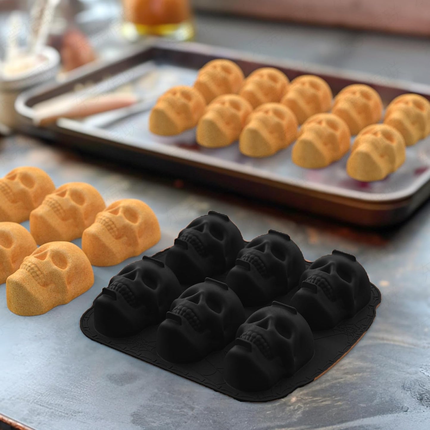 Kundalini Halloween Skull Cake Pan 6 Pirate Skull 3D Silicone Cake Pan Black