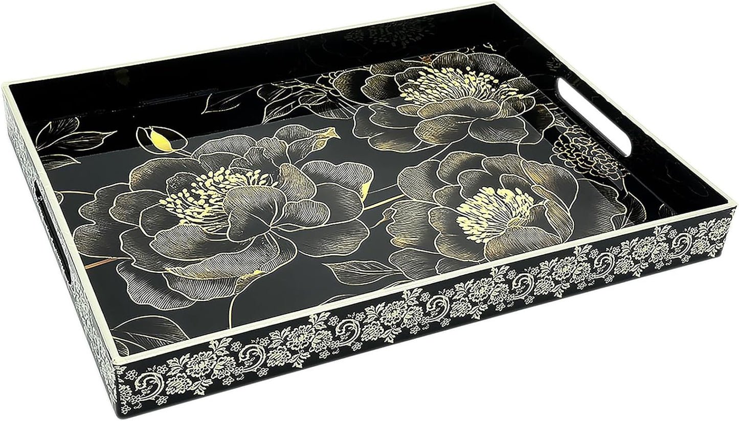 Serving Tray with Handles, 15.7 * 11.8 inches, Plastic Ottoman Tray with Exquisite Paintings, Trays for Coffee Table