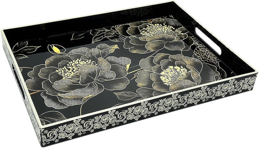 Serving Tray with Handles, 15.7 * 11.8 inches, Plastic Ottoman Tray with Exquisite Paintings, Trays for Coffee Table