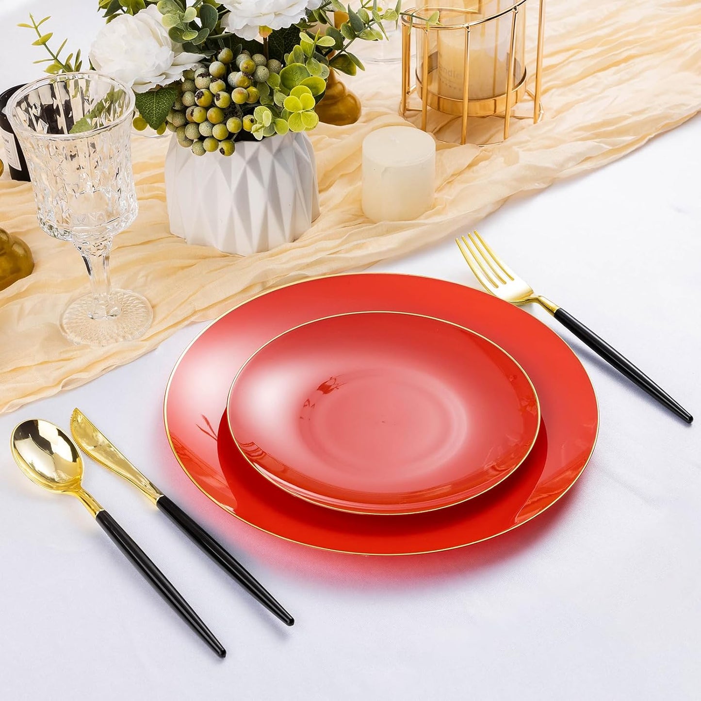 100PCS Red Plastic Plates, Red Disposable Plates for Party, Graduation, Include 50 Dinner Plates, 50 Dessert Plates for 50 Guests
