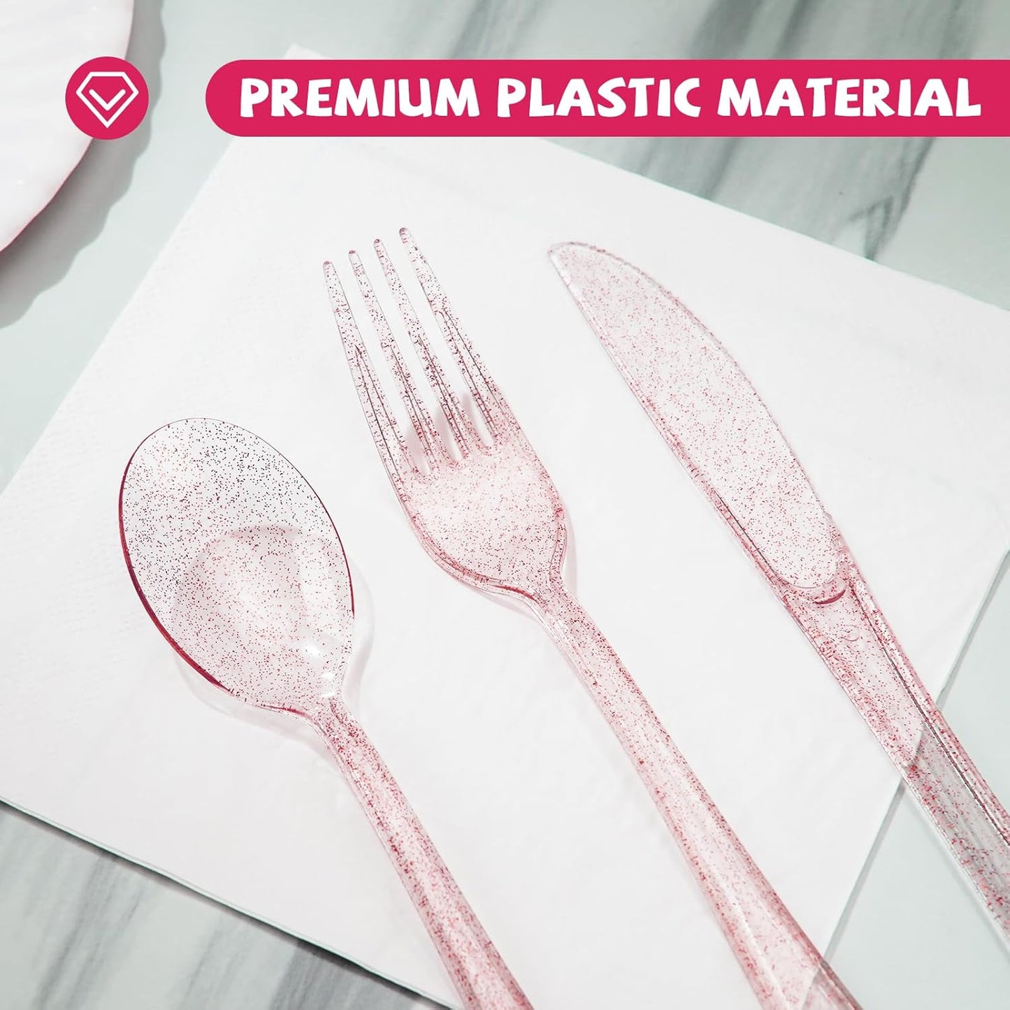 180PCS Rose Gold Plastic Silverware Set, Disposable Glitter Gold Cutlery, Flatware Set, 60 Forks, 60 Spoons, 60 Knives, Valentine's day Fancy Party Utensils