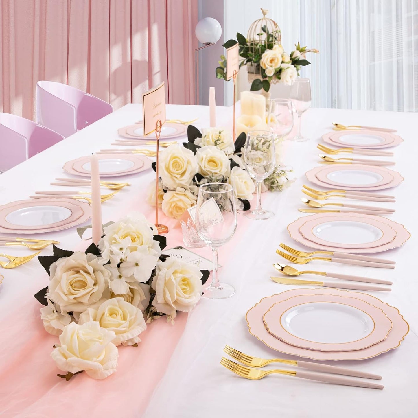 Rubtlamp 90Pcs Gold Plastic Silverware, Gold Plastic Utensils With Pink Handles Include 30 Plastic Gold Knives, 60 Plastic Forks and Spoons, Pink Plastic Silverware Heavy Duty For Party