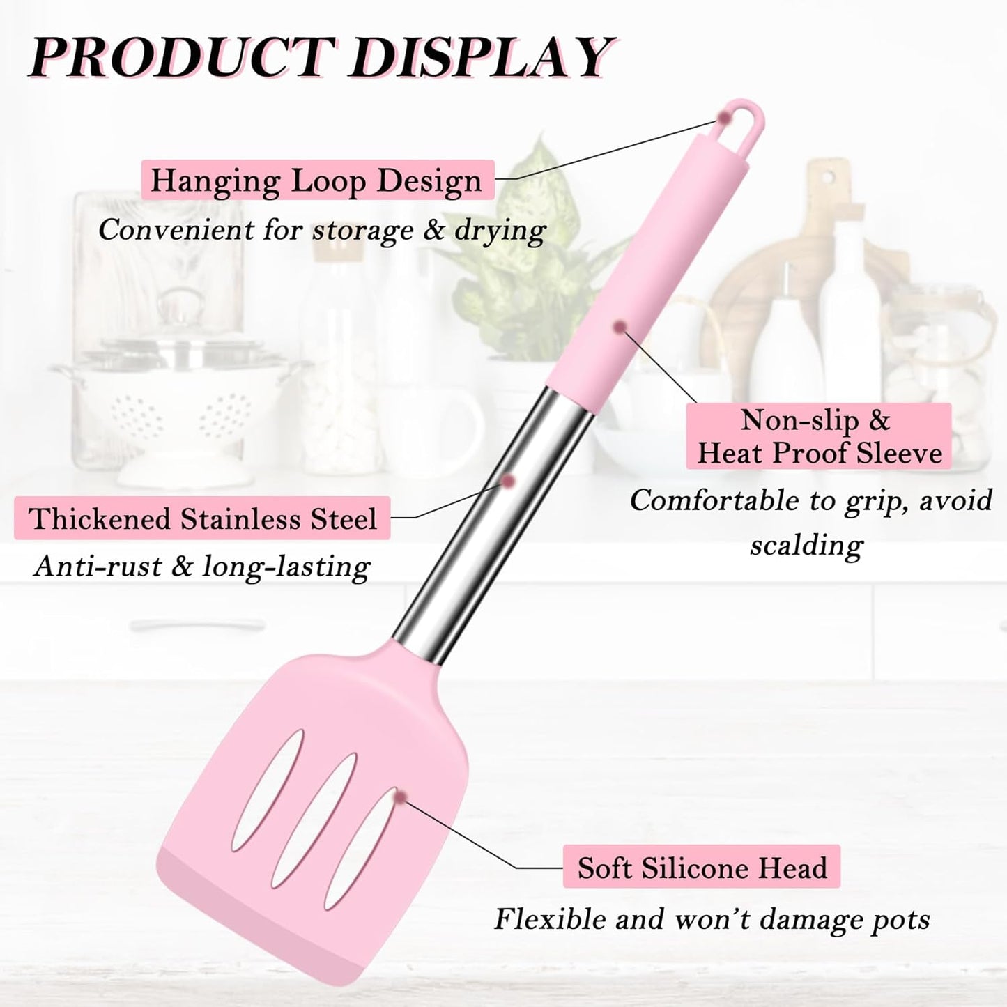 TeamFar Kitchen Utensils, 4 PCS Silicone Cooking Utensils Spatula Spoon Set with Stainless Steel Handle, for Frying Mixing Draining Turning, Healthy & Heat-proof, Non-stick & Dishwasher Safe - Pink