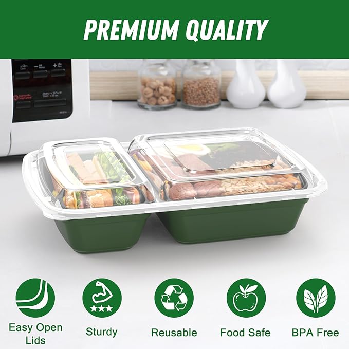 50 Pack (100-Piece) 28 oz Meal Prep Containers Reusable with Lids 2-Compartment, Sturdy Leakproof Food Safe, Microwave Freezer Dishwasher Safe, To Go Take Out Plastic Food Storage, Green