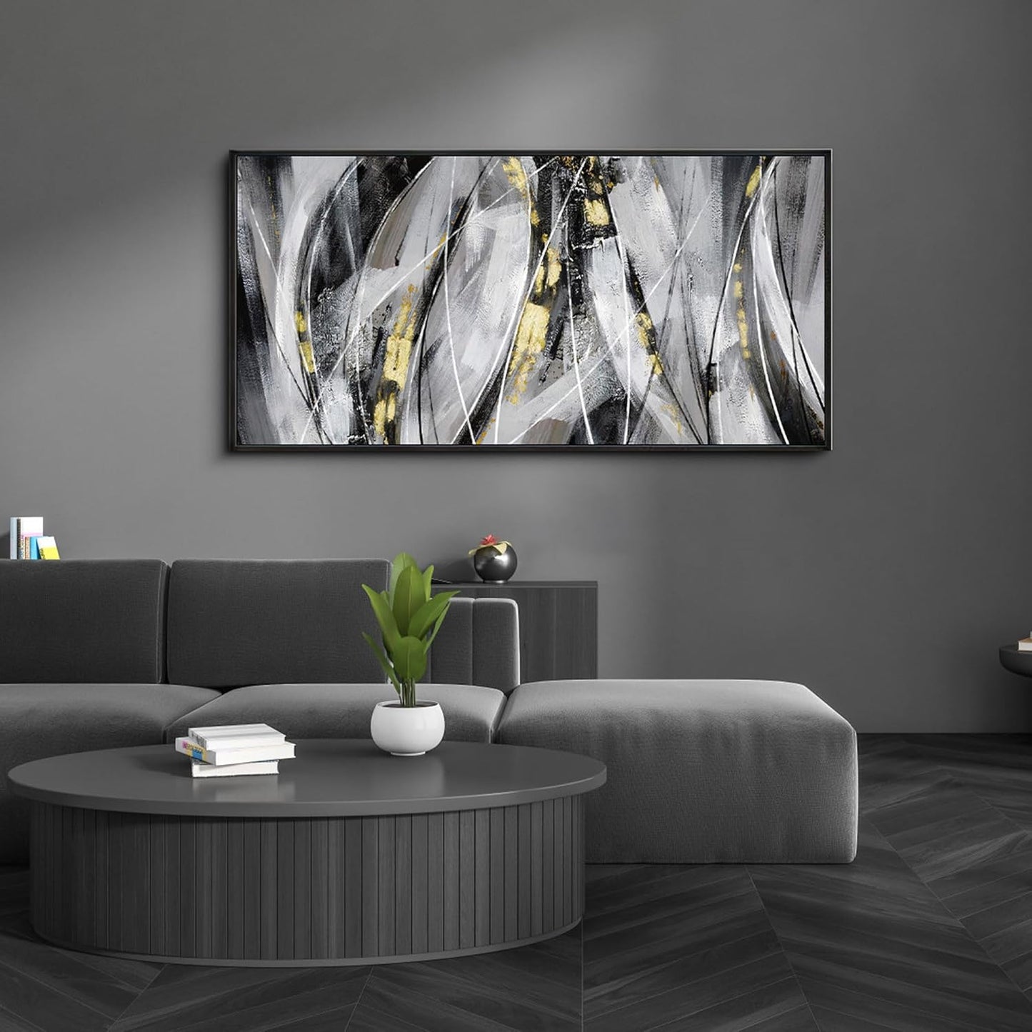 KLAKLA Abstract Frame Wall Art - Black and White Picture for Living Room Black and Gold Framed Artwork Canvas Art Work for Office Home Decor Bedroom Wall Decoration - 40x20 Inches