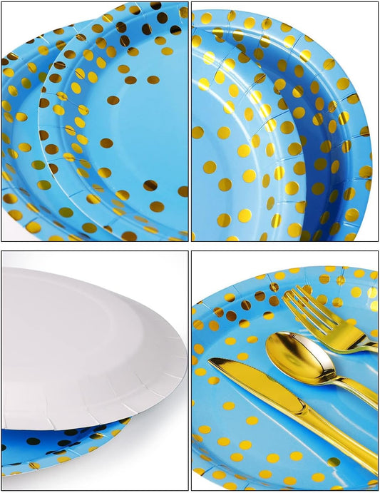 141 Pieces Sky Blue Gold Party Supplies, Party Dinnerware Sets Include Paper Plates Napkins Cups Silverware, for Wedding Bridal Shower Engagement Birthday Parties Decoration -20 Serves
