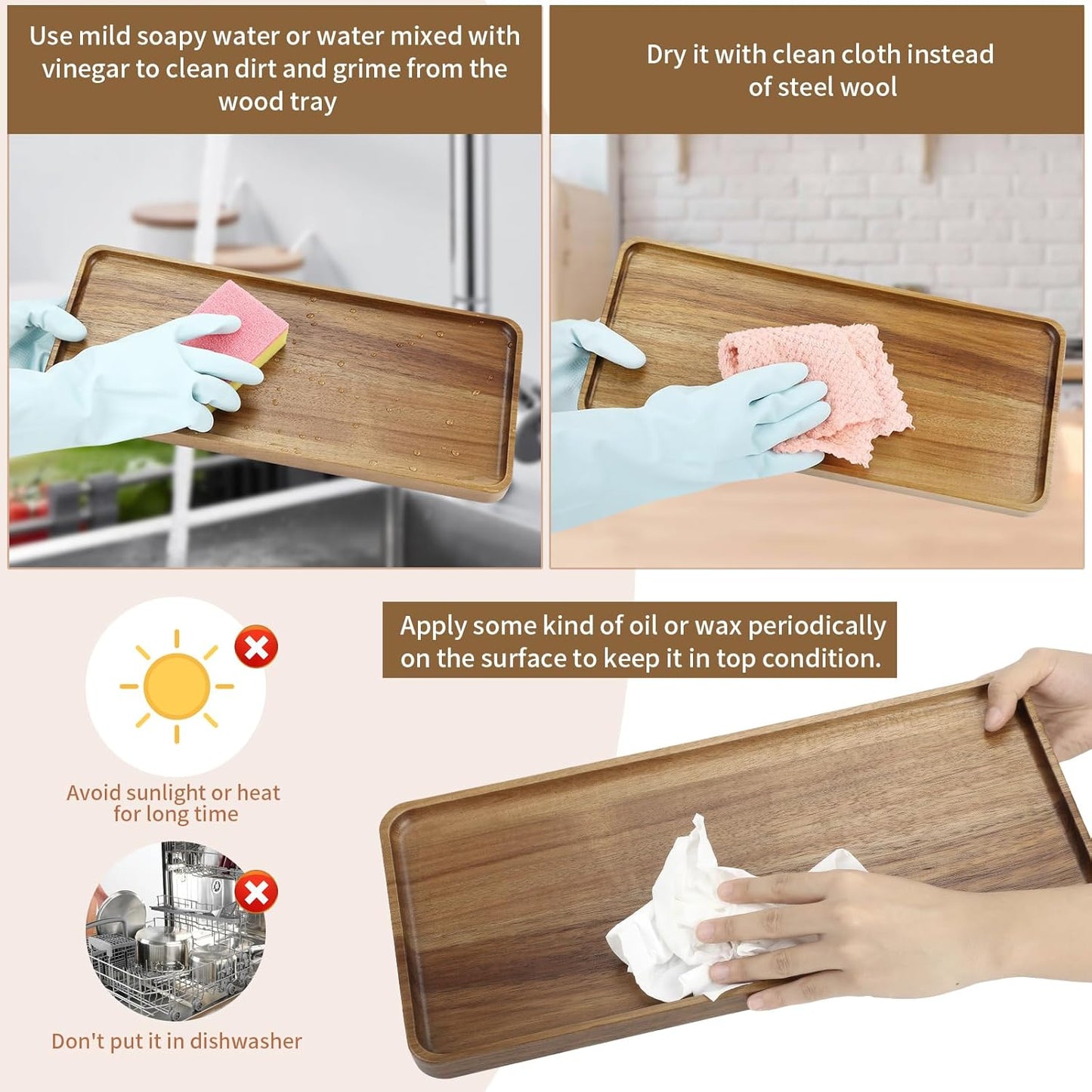 3 pcs 14"x5.3" Solid Acacia Wood Serving Trays Rectangular Wooden Serving Platters Natural Wooden Boards for Bar Coffee Party