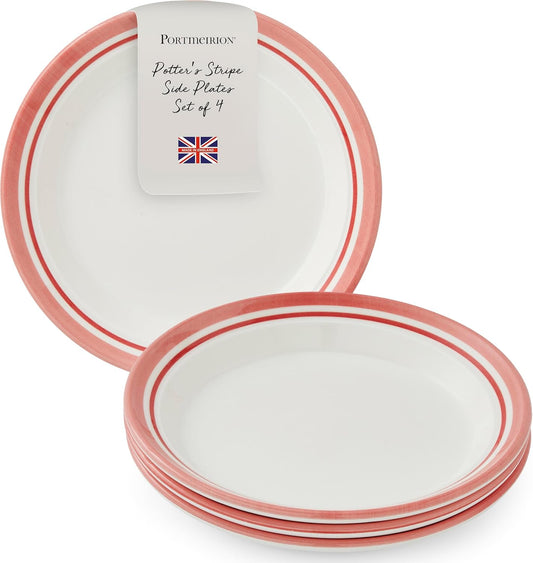 Portmeirion Potter's Stripe 8" Dinner Plate (Set of 4) - Handcrafted Earthenware Plates with Accent Rim, Microwave & Dishwasher Safe - Ideal Tableware for Modern & Traditional Dining (Red Stripe)