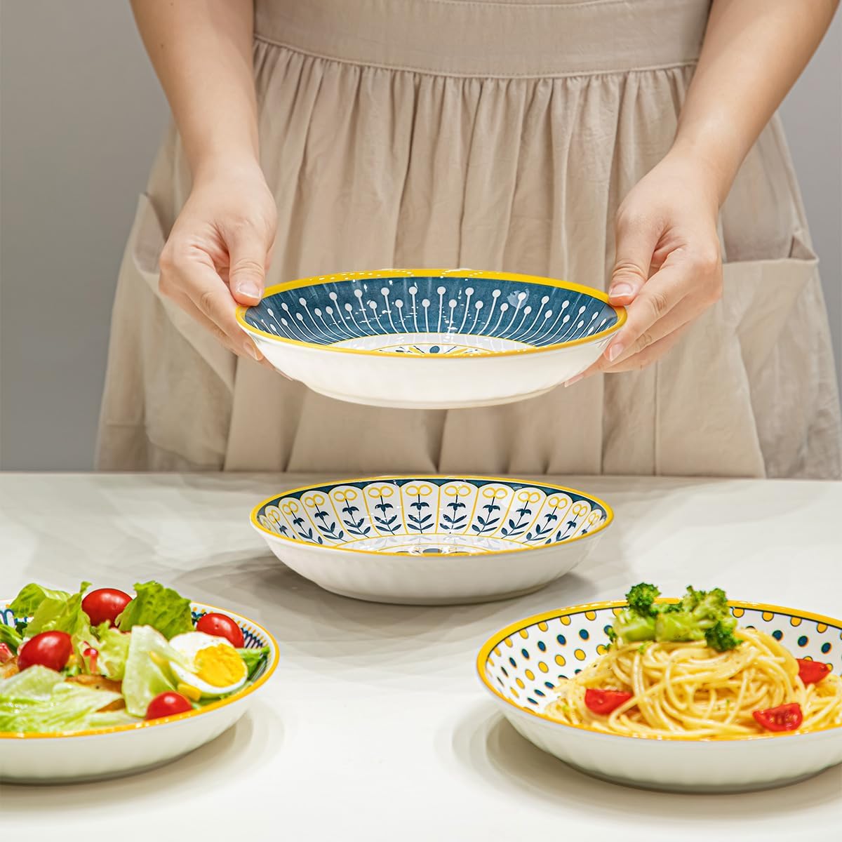 Yeacccng Pasta Bowls Set of 4, 24 Oz Ceramic Salad Bowls, 8 Inch Colorful Serving Bowls for Pasta,Salad,Oatmeal,Fruit, Easy to Clean, Dishwasher & Microwave Safe,Scratch-Resistant, Lead-Free