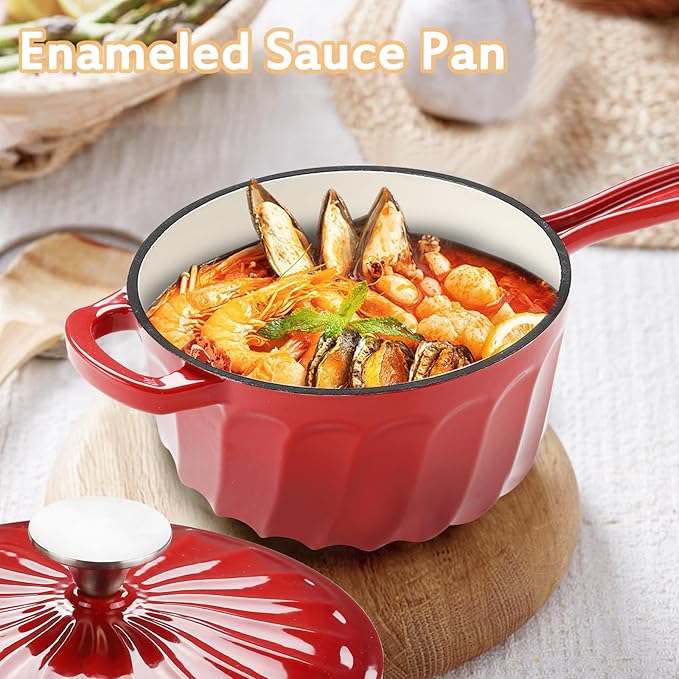 Enameled Cast Iron Sauce Pan, 2 Quart Enameled Saucepan with Lid, Mini Dutch Oven Enamel Saucepan for Cooking Pasta Sauce, Gravy, Puddings, Marinate, Boiling (Gradient Red)