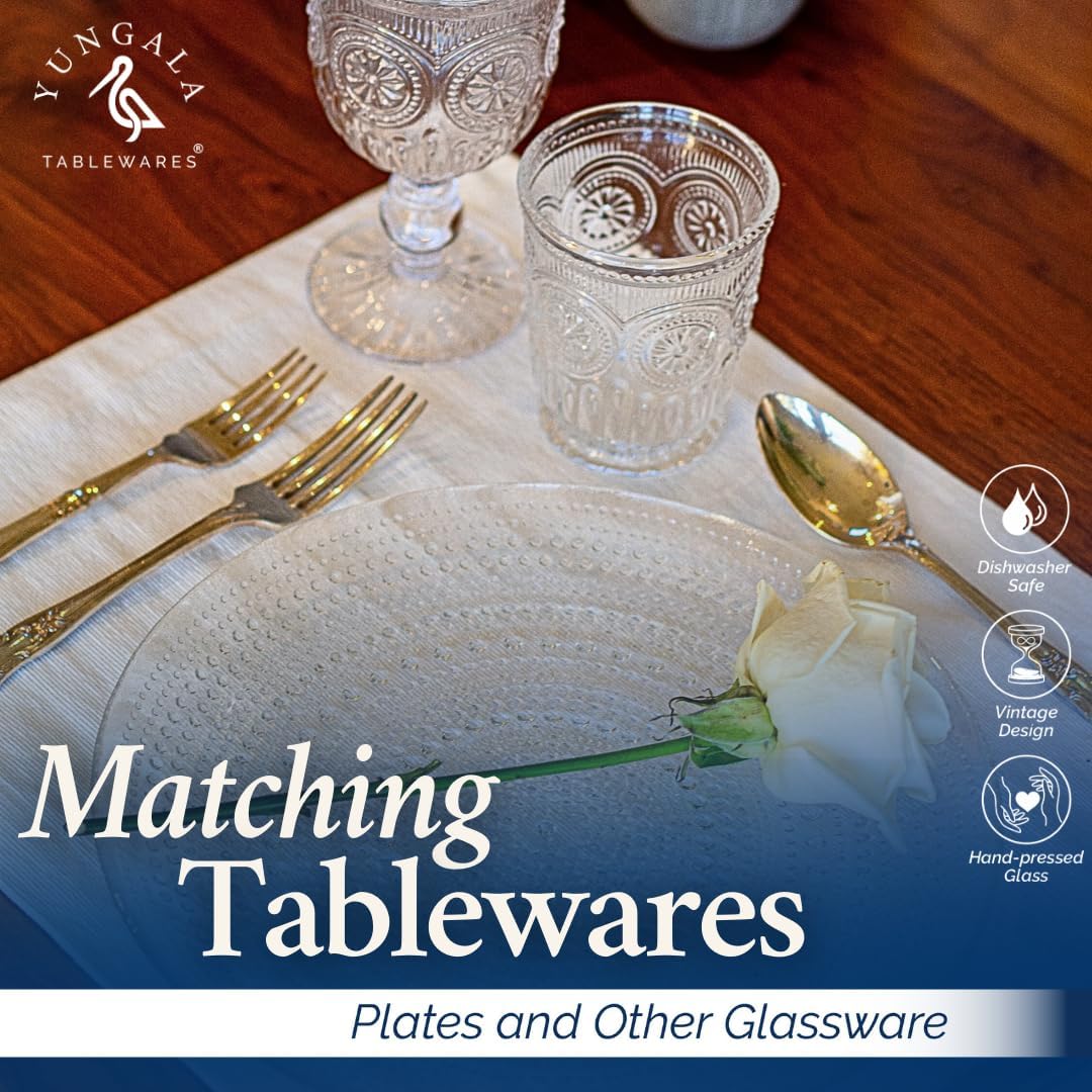 Clear Vintage Small Drinking Glasses set of 6 8oz glass cups with a unique footed design and pressed glass design