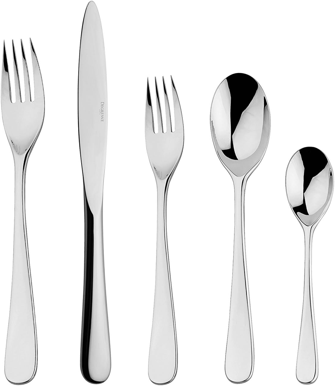 Degrenne Luxury French Cutlery Set - 5 Piece Silverware Set, Includes Forks, Spoons & Knife, Stainless Steel Flatware, Dishwasher Safe, Aquatic Mirror Collection