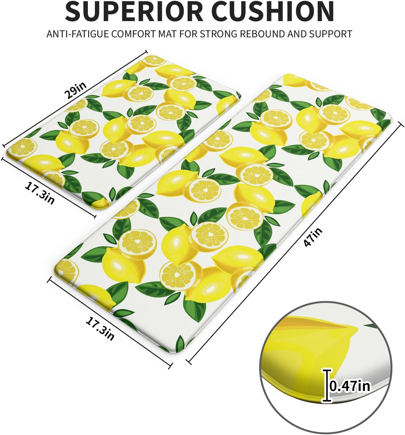 Lemon Kitchen Mats for Floor Set of 2 - Anti Fatigue Mats for Kitchen Floor, Cushioned Non-Skid Washable Memory Foam Rug for Office, Sink, Laundry (17.3"×29"+17.3"×47"-0.47") White