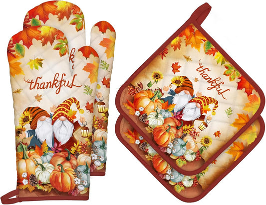 Fall Pumpkin Gnome Oven Mitts and Pot Holders Sets 4Pcs, 100% Cotton Heat Resistant, Extra Long Oven Gloves Potholder for Kitchen Cooking Baking Decoration