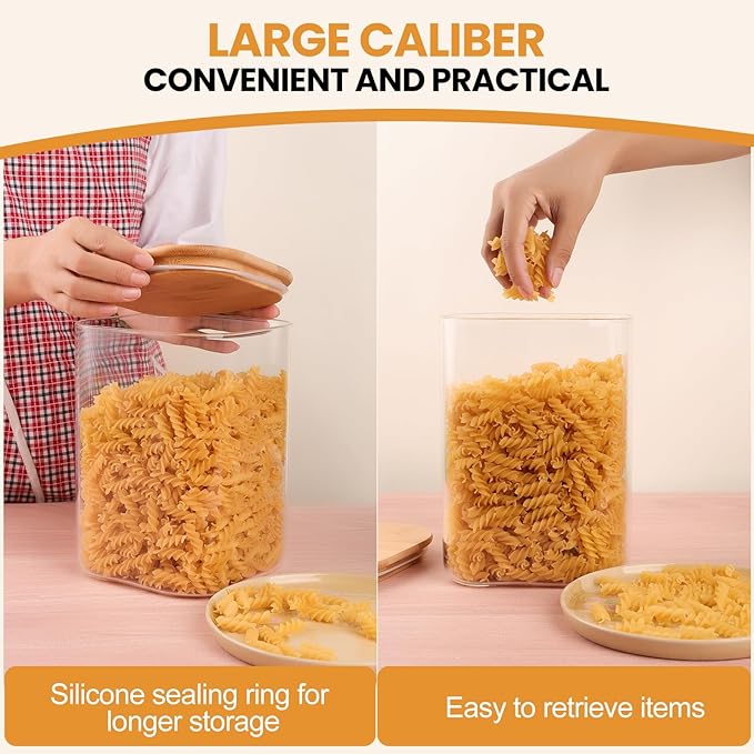 Liuruiyu 2-Pack Square Glass Food Storage Jars, 108oz (3.37 QT) – Airtight Clear Glass Canisters with Bamboo Lids for Kitchen Organization, Tea, Coffee, Flour, Sugar, Candy, Cookies, and Spices