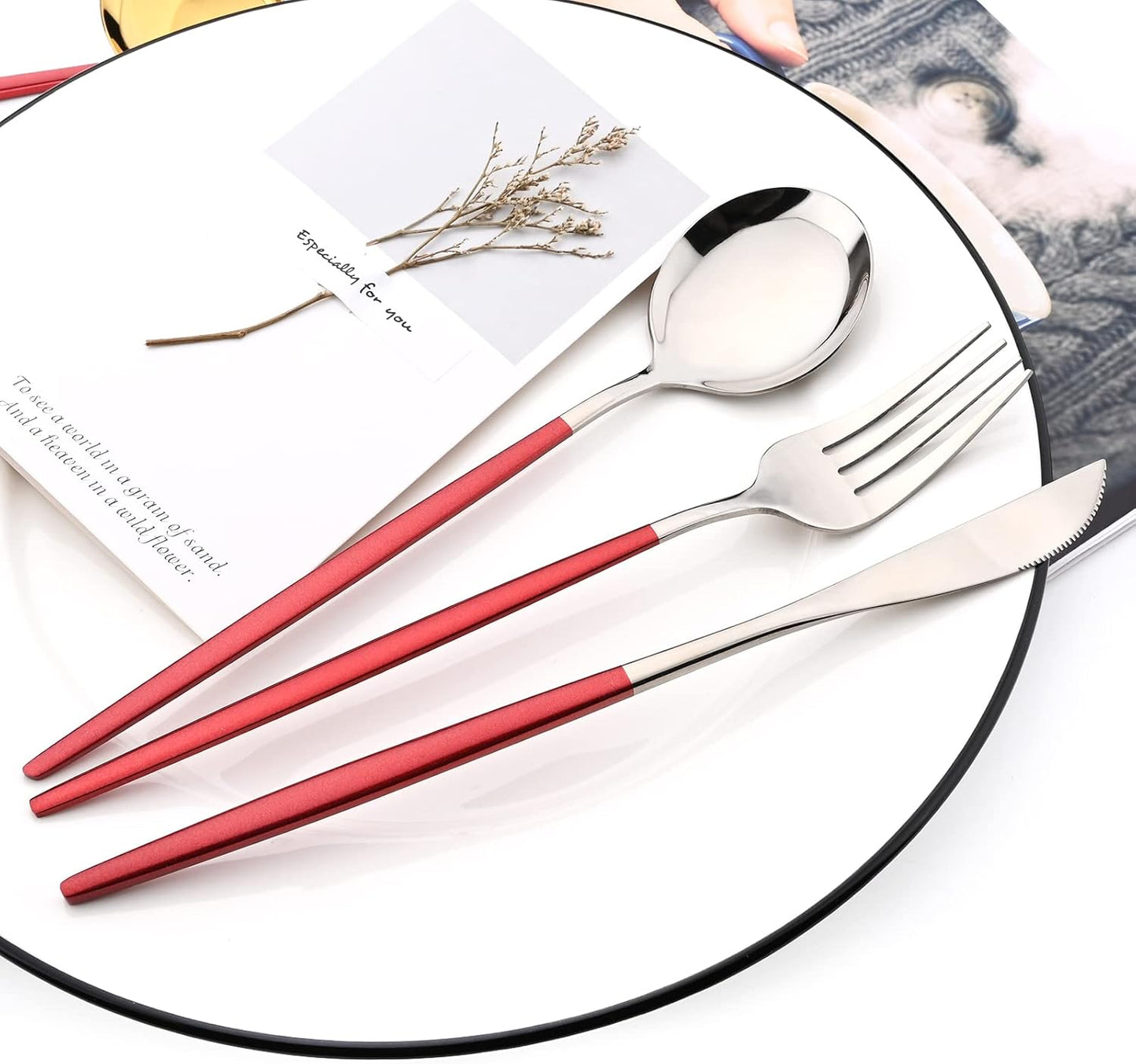 Mirror Cutlery Serving Set, 24-piece 18/0 Stainless Steel Silverware With Red Handle Simple & Modern Tableware For Home Party Restaurant Christmas Dinner, Service For 6 (Red Silver)