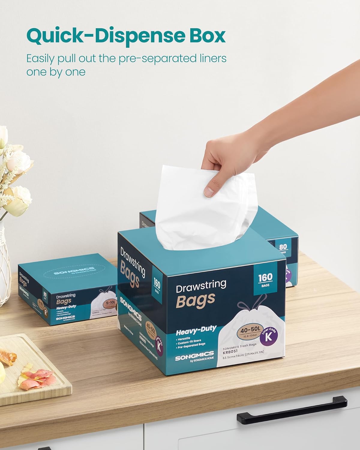 SONGMICS Trash Bags for 13-Gallon (50 L) Trash Cans, Drawstring Kitchen Garbage Bags, Pre-Separated, Quick-Dispense Box, Liner Code K, 4 Rolls, 160 Count, White UKRB051A04