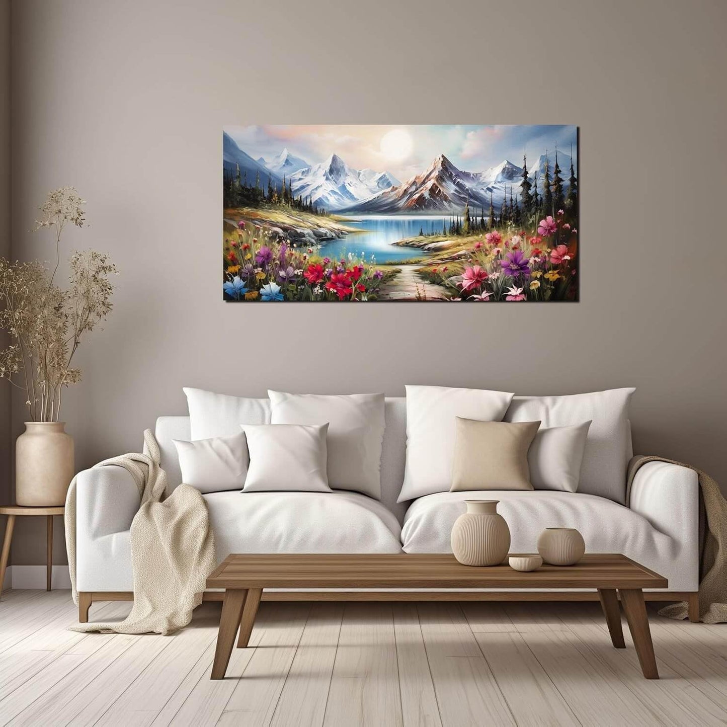 Large Canvas Wall Art for Living Room Farmhouse Decor Pictures Mountain River Landscape Wall Art Decor Prints Countryside Meadow Wildflower Artwork Canvas Painting Wall Decor for Bedroom 20x40 IN