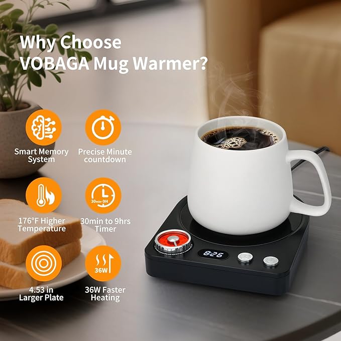 VOBAGA Coffee Mug Warmer with Smart Memory System & 9-Temperature Setting, Coffee Cup Warmer with Customize Timer & Precise Minute Timing, Suitable for Work, Reading, Sleeping