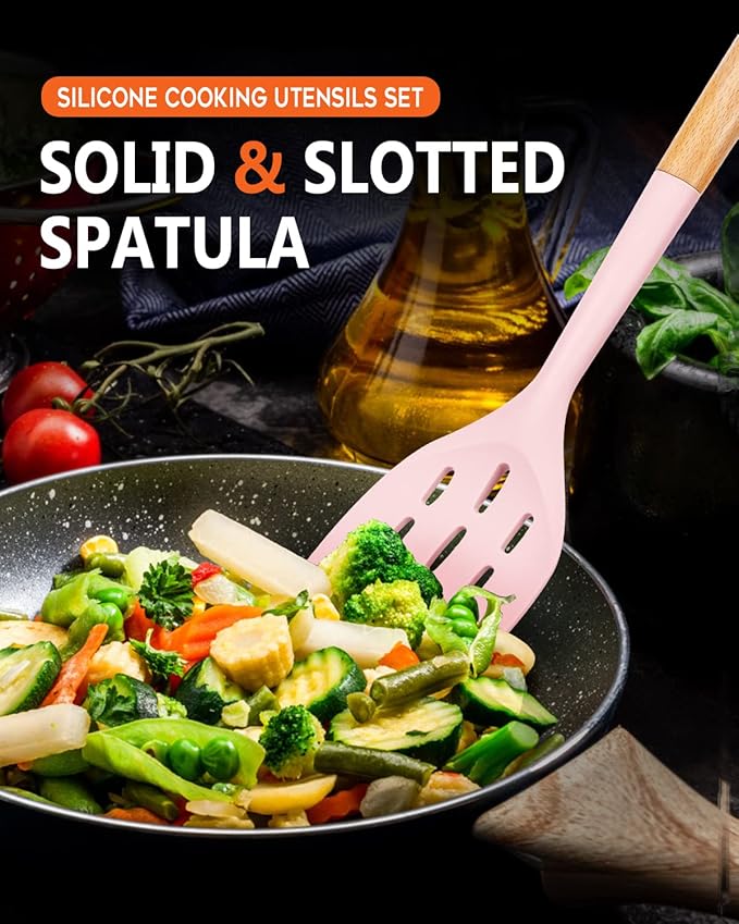 Pack of 2 Silicone Spatula, Non Stick Cooking Utensil Set Wooden Handle Kitchen Turner for Baking Mixing Grilling Serving Food Heat Resistant Non Scratch Hooks Included (Pink)