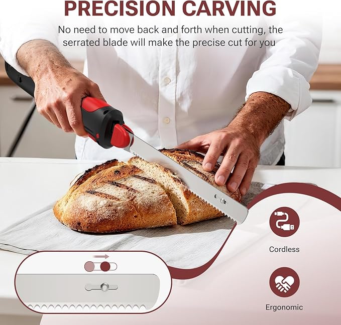 VLOXO Electric Knife for Meat Slicing, Rechargeable Electric Carving Knife with 2 Stainless Steel Blades Safety Lock Ergonomic Handle Cordless electric knives for Fish Fillet Steak Bread Turkey