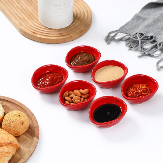 vicrays Ceramic Dipping Sauce Bowls – Small Charcuterie Dip Cups Cooking Prep Condiment Oil Dish Mini Tapas Plates for Soy Sushi Salsas Wasabi Appetizer Dessert - Set of 6 Red