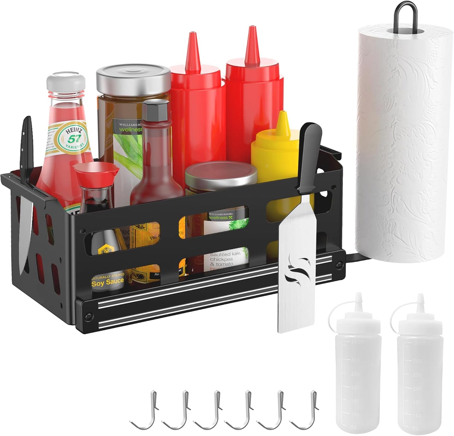 Griddle Caddy for Blackstone Griddles 28"/36"/Prep Cart, Blackstone Caddy with Squeeze Bottle, Blackstone Griddle Accessories Space Saver, BBQ Grill Storage Organizer with Magnetic Tool Holder