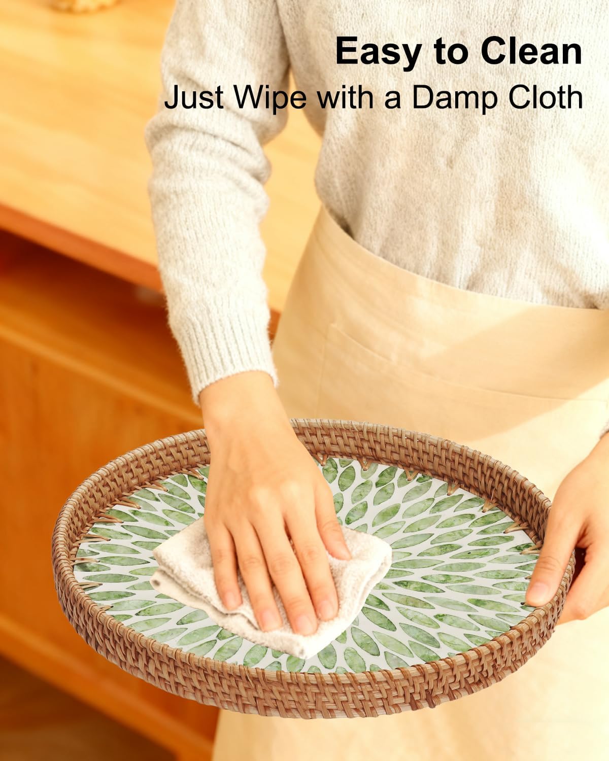 Round Rattan Tray with Mother of Pearl Inlay 11.8 inch, Decorative Serving Tray for Coffee, Bread, Fruit, Woven Wicker Tray for Boho, Coastal, Home Decor(Green Leaf)