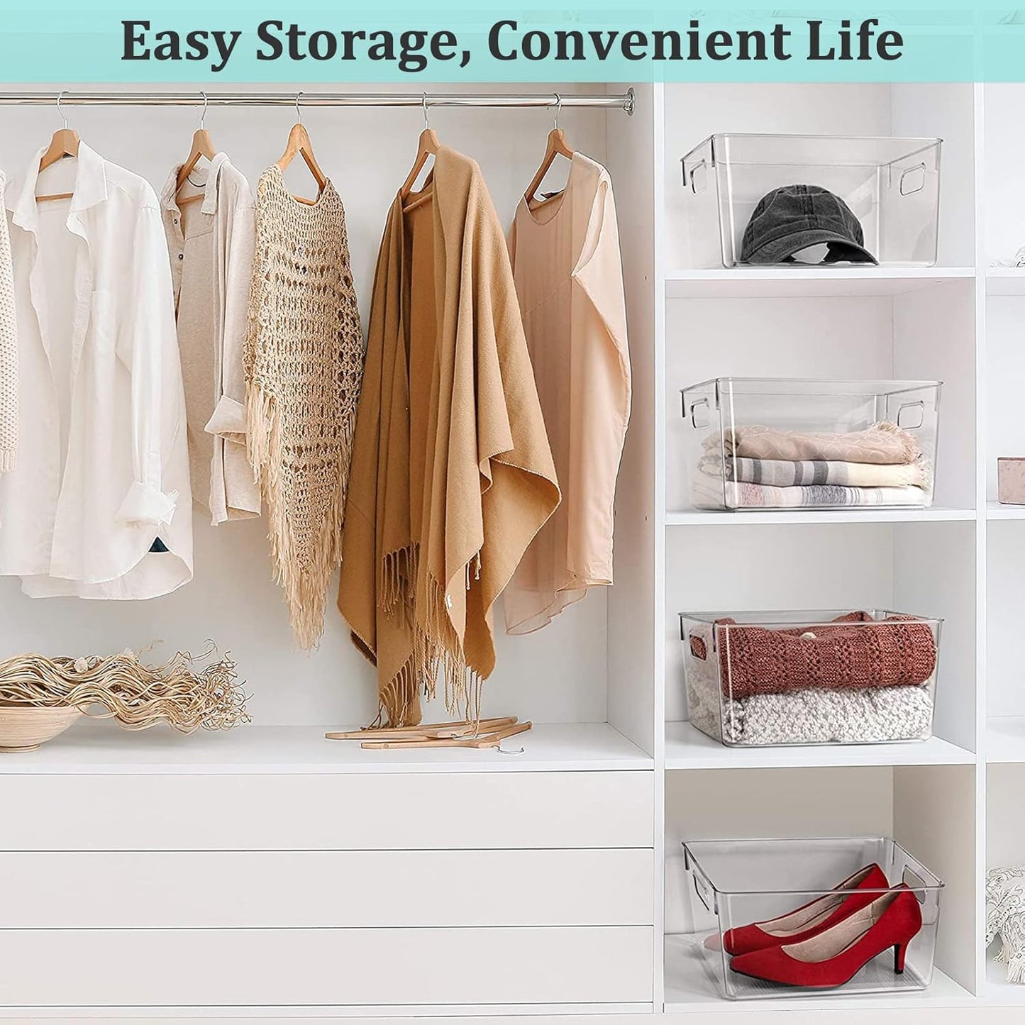 Clear Plastic Storage Bins, 4 Pack Pantry Organizers & Storage Containers, Cabinet Organizer, Home Organization Must Haves for Kitchen, Laundry Room, Office, Closet & Freezer