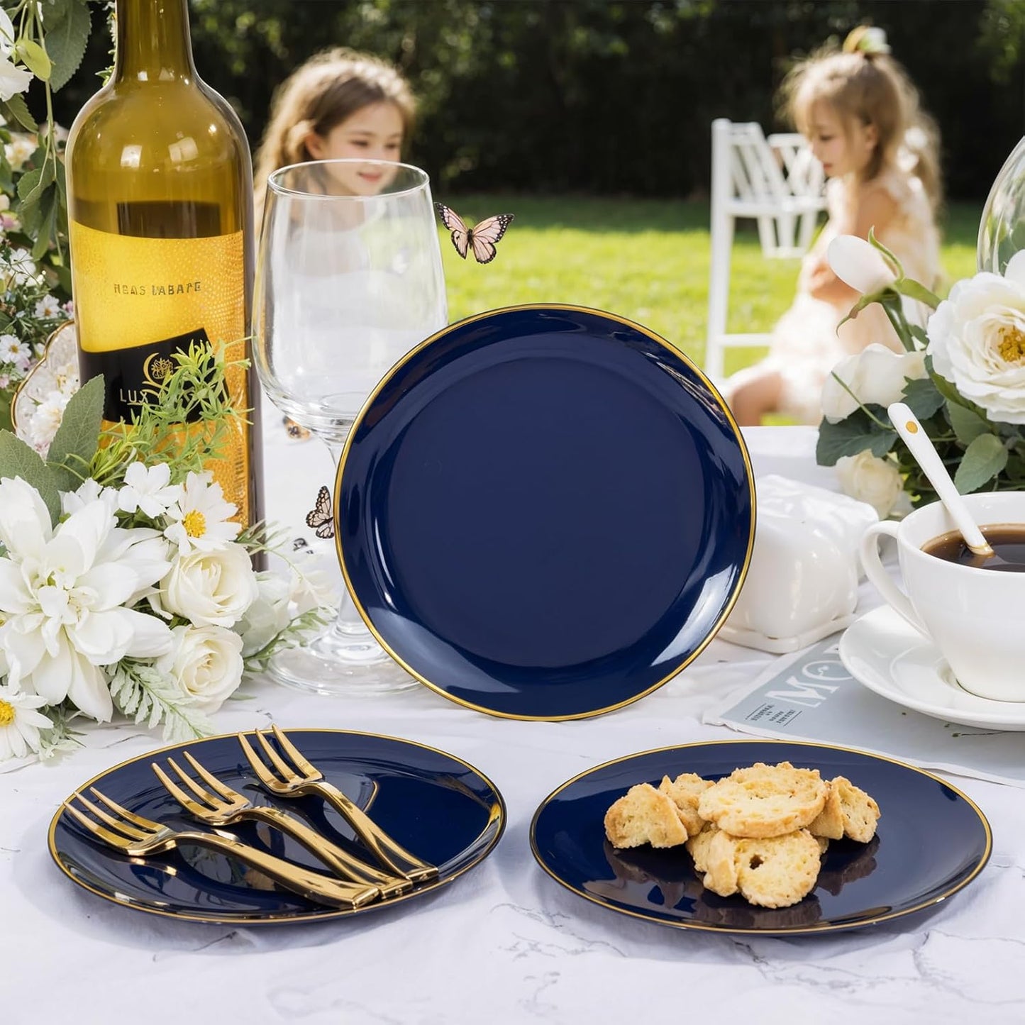 Festiva 200Pcs Navy Blue Gold Dessert Plates 6.3" with Plastic Forks 5"- Small Disposable Plates- Dessert/Cake/Appetizer Plastic Plates include 100Plates 100Forks for Christmas Party & Hanukkah