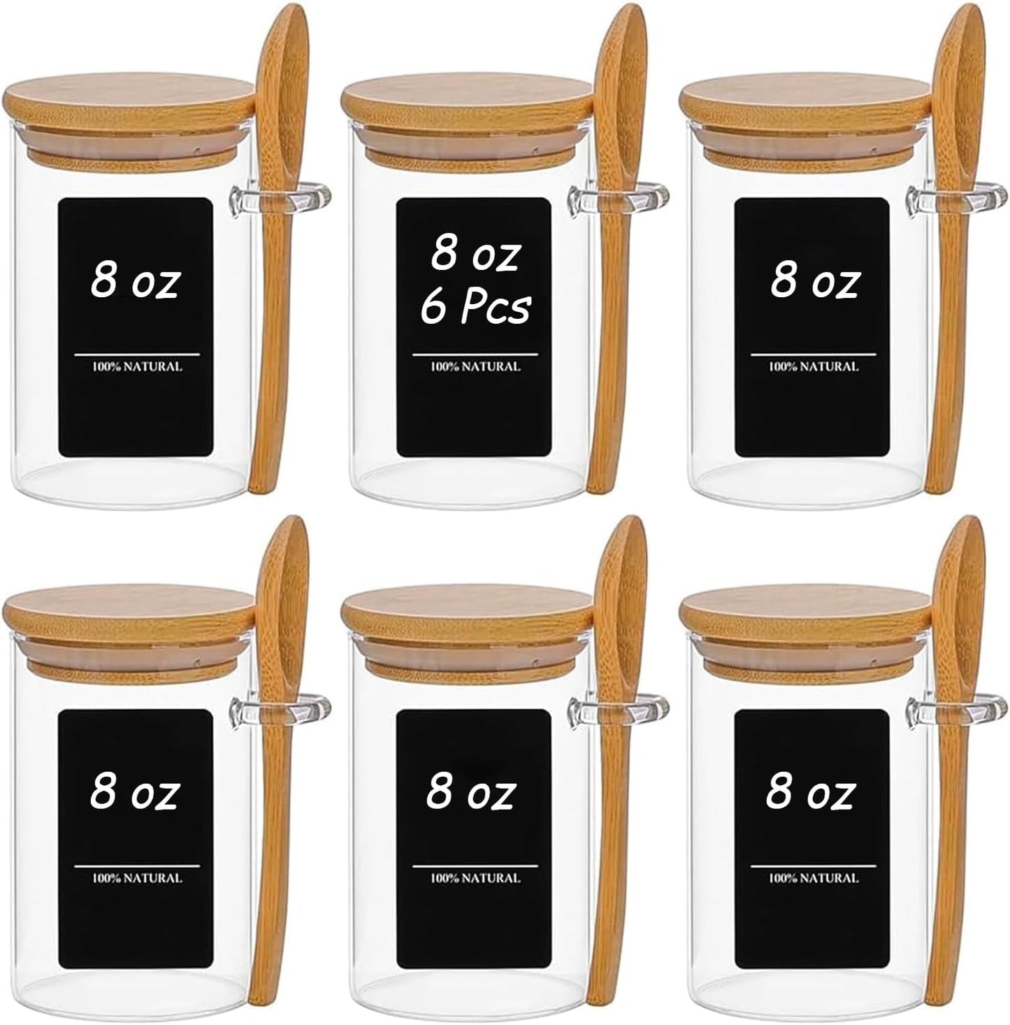 ComSaf Spice Jars with Spoon 8 oz 6Pack, Small Spice Containers Starter Set, Glass Seasoning Jars with Labels, Round Seasoning Containers for Salt, Pepper, Chili Powder, Sugar, Loose Tea Storage