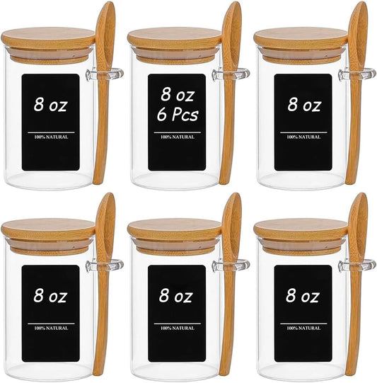 ComSaf Spice Jars with Spoon 8 oz 6Pack, Small Spice Containers Starter Set, Glass Seasoning Jars with Labels, Round Seasoning Containers for Salt, Pepper, Chili Powder, Sugar, Loose Tea Storage