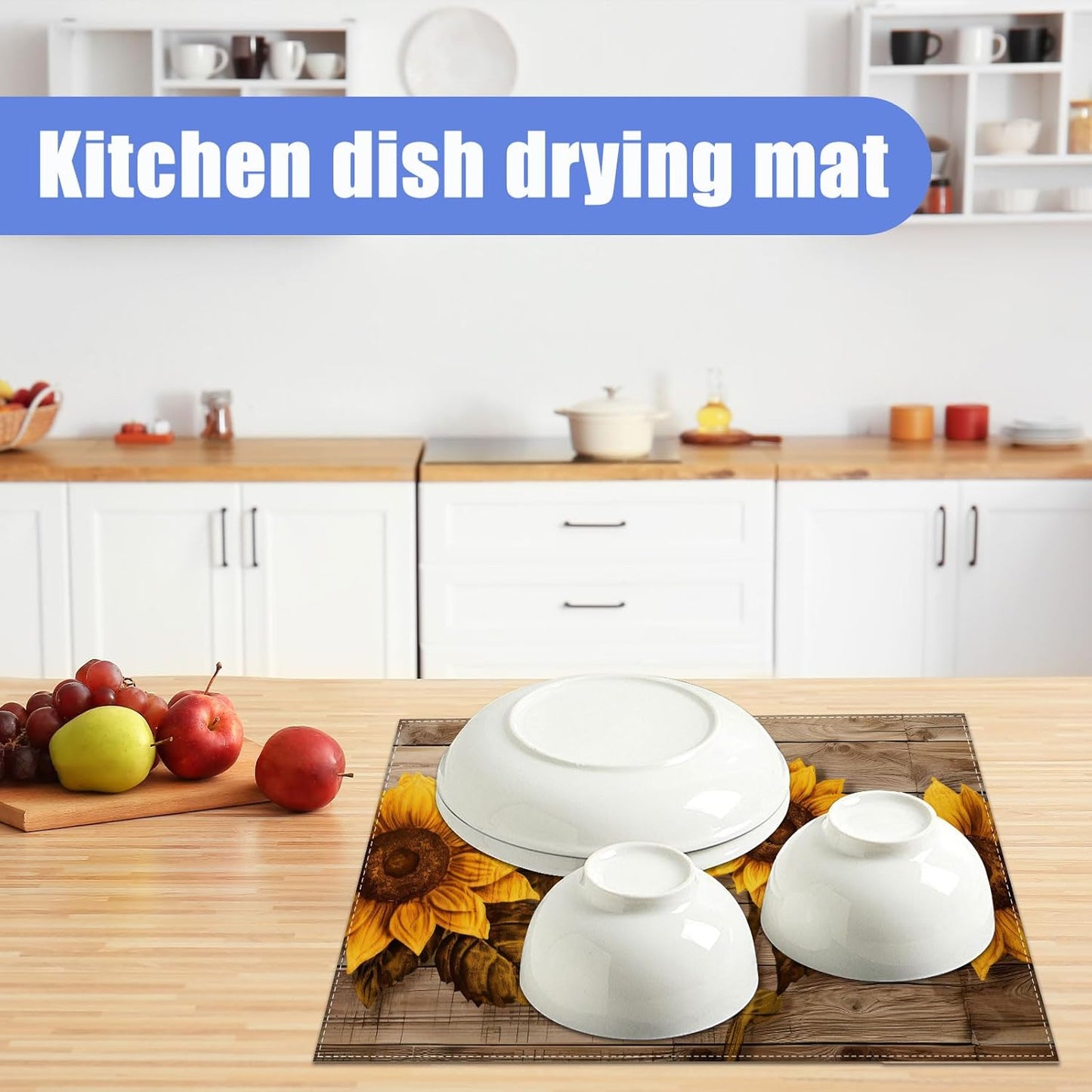 Vintage Sunflower Wooden Grain Dish Drying Mat for Kitchen Counter Drying Pad Absorbent Reversible Dish Drainer Rack Mats Draining Pad 18"x24"Inch