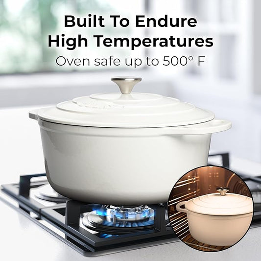 Zulay Kitchen 6 Quart Enameled Cast Iron Dutch Oven Pot with Lid – Premium Durability & Oven Safe up to 500°F – Heavy Duty Cookware Perfect for Bread Baking, Stews, Braising & Roasting – White